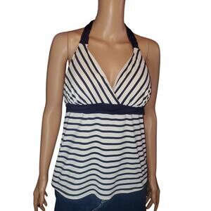 Lands End Tankini Top 12 Navy White Stripe Halter Swim Support Nautical Classic